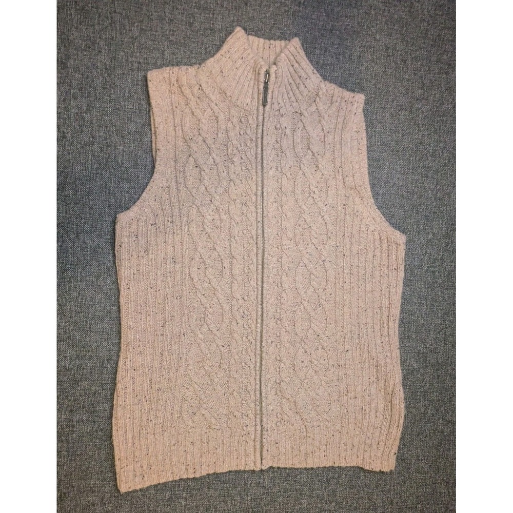 Eddie Bauer Men's Beige Wool Blend Cable Knit Sweater Vest Size Medium‎ Full Zip